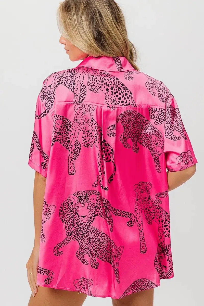 BiBi Leopard Print Short Sleeve Silky Satin Shirt Top - Love Salve
